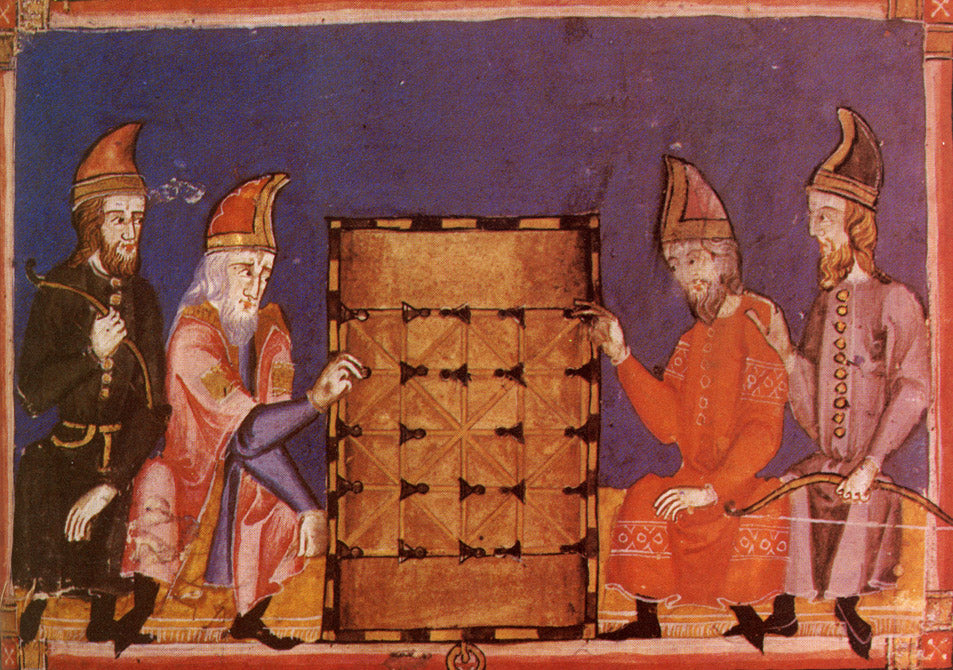 A medieval illustration of two players at an alquerque board from Alfonso X's Libro de los juegos, 1283