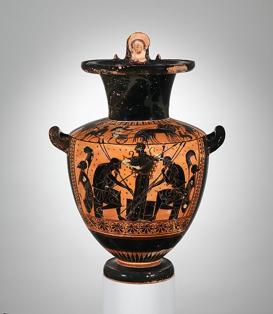 Ancient Greek black-figure terracotta hydria, ca. 510 BCE, attributed to the Leagros Group, showing the heroes Achilles and Ajax leaning over a game board as the goddess Athena stands between them. Metropolitan Museum of Art.