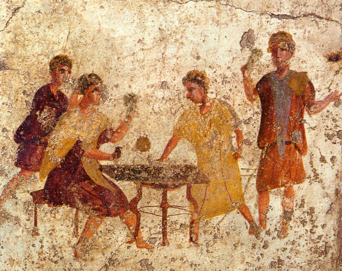 Ancient Roman fresco from Pompeii showing men playing a dice game in a tavern