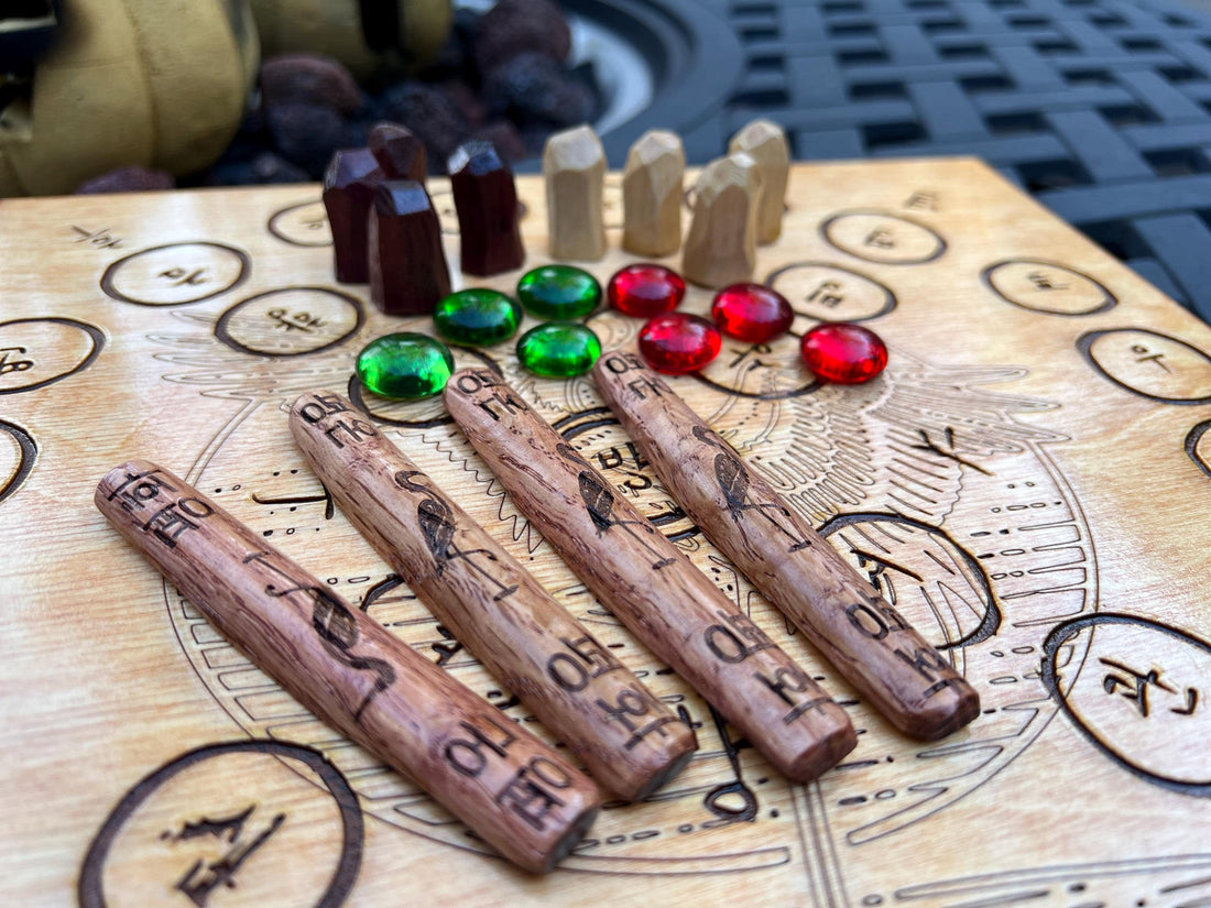 Handcrafted wooden Yut Nori (Yutnori) Korean board game set with board, throwing sticks, and playing pieces