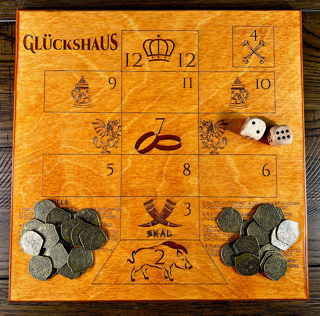A handcrafted wooden Glückshaus (House of Fortune) board with numbered fields for a Renaissance dice game