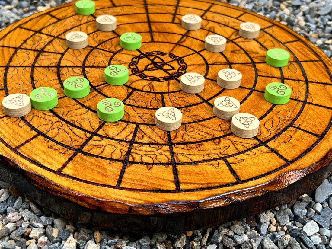 Handcrafted Fidchell board and pieces, an ancient Celtic Irish board game, from Ancient.Games