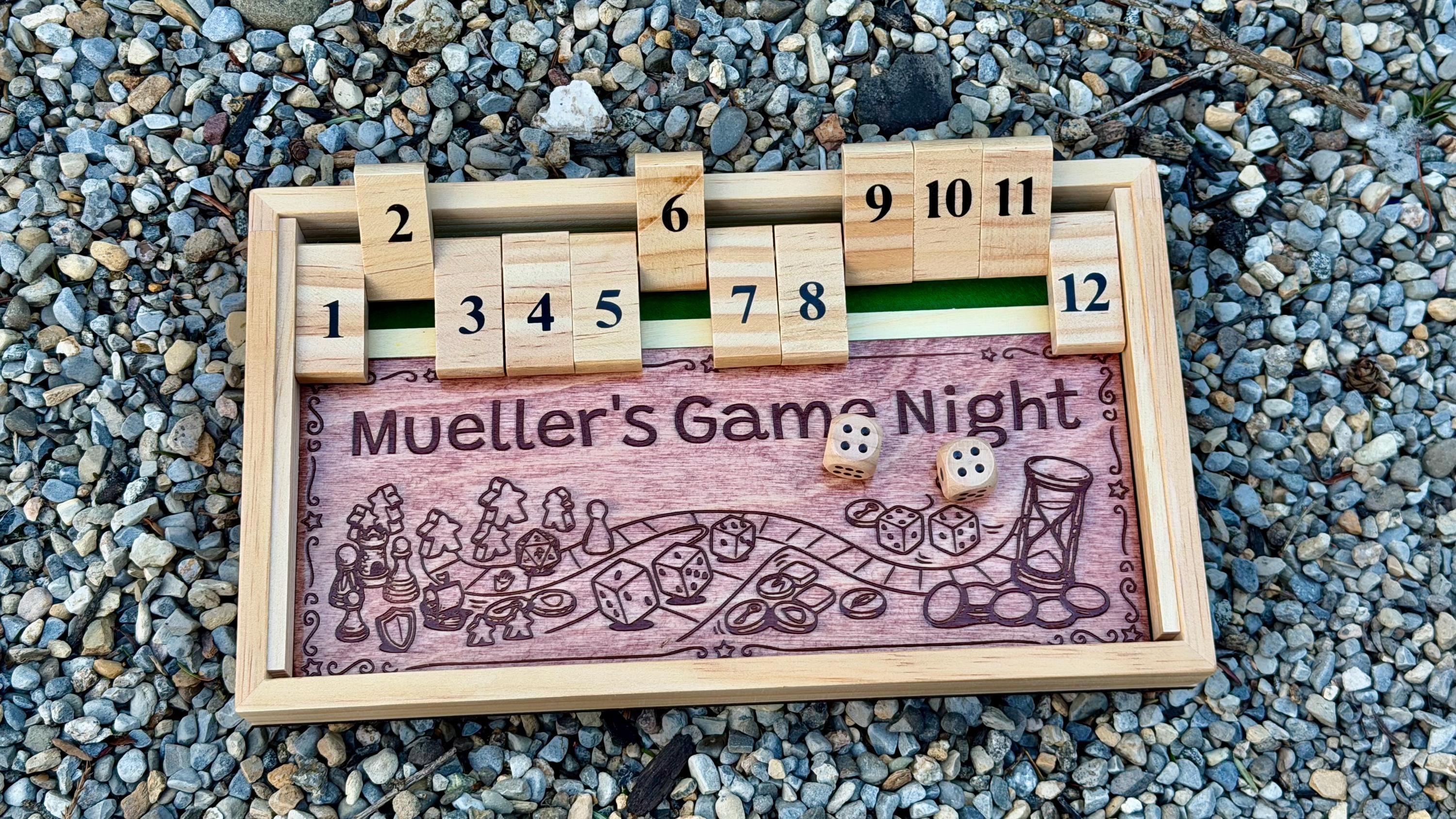 Handcrafted solid bamboo Shut the Box dice game with numbered tiles and two dice