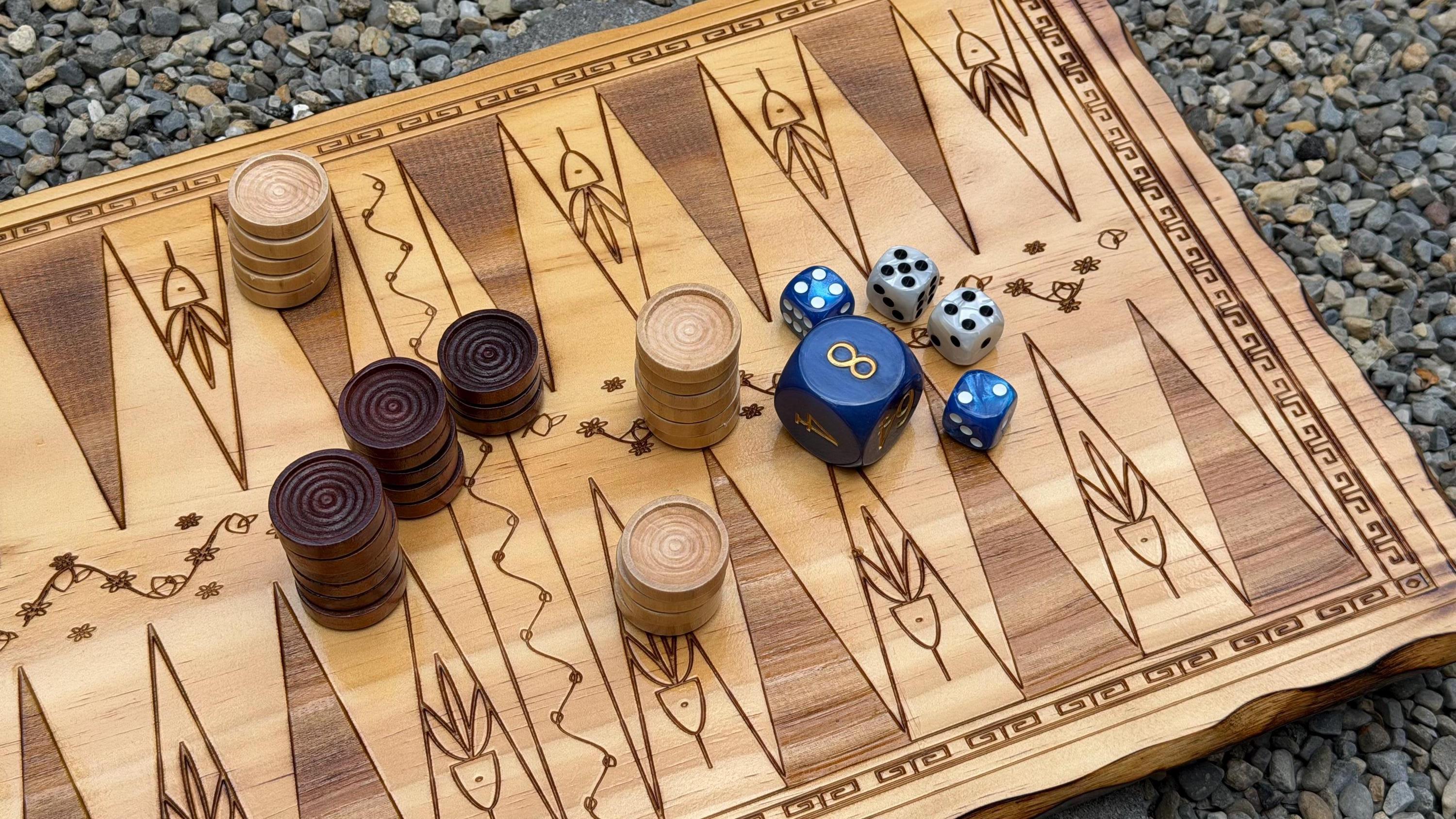 Handcrafted wooden backgammon board with checkers, made by Ancient Games