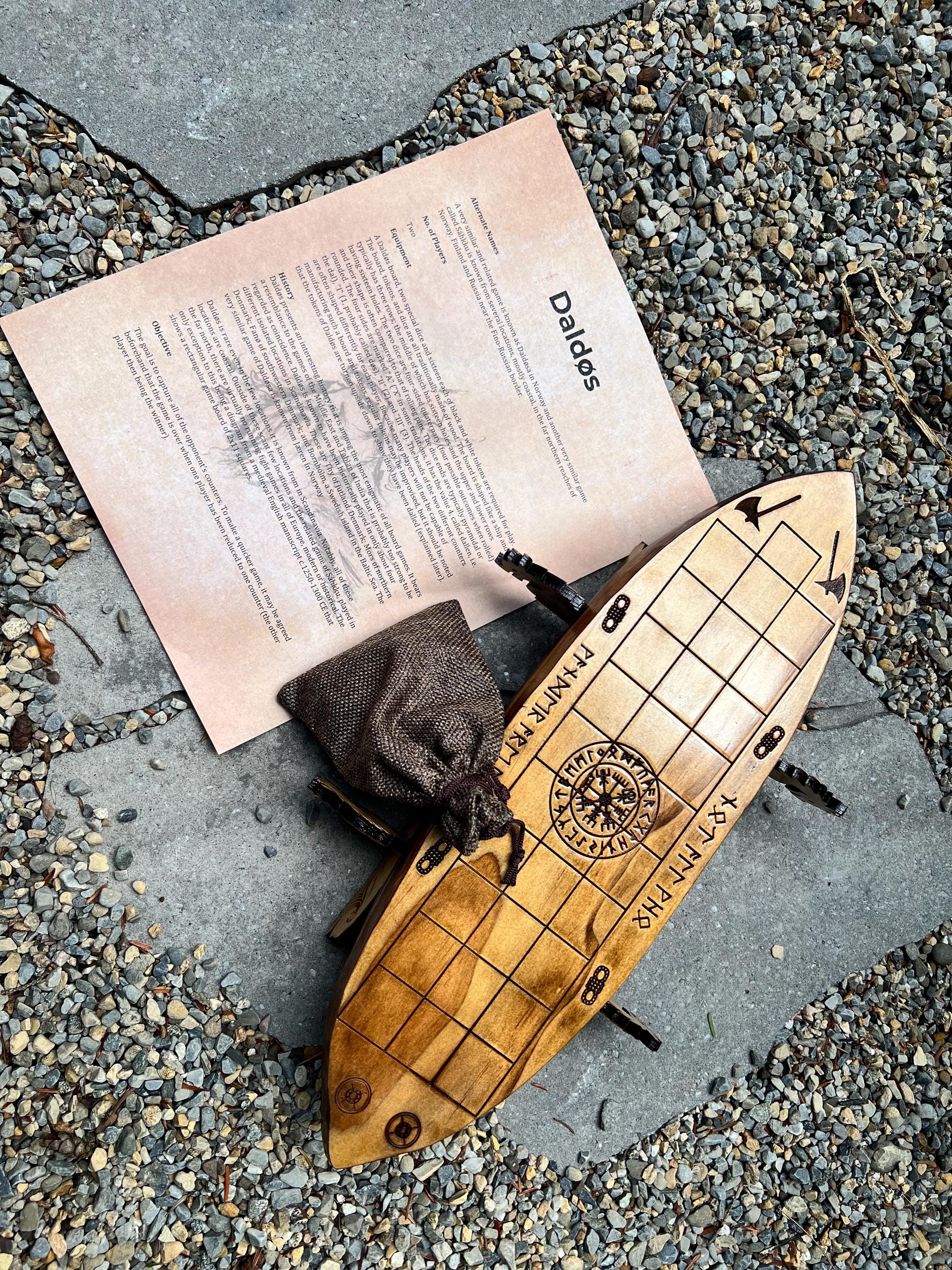 Viking Daldos Board Game: Solid Pine, Bone Dice, Runes