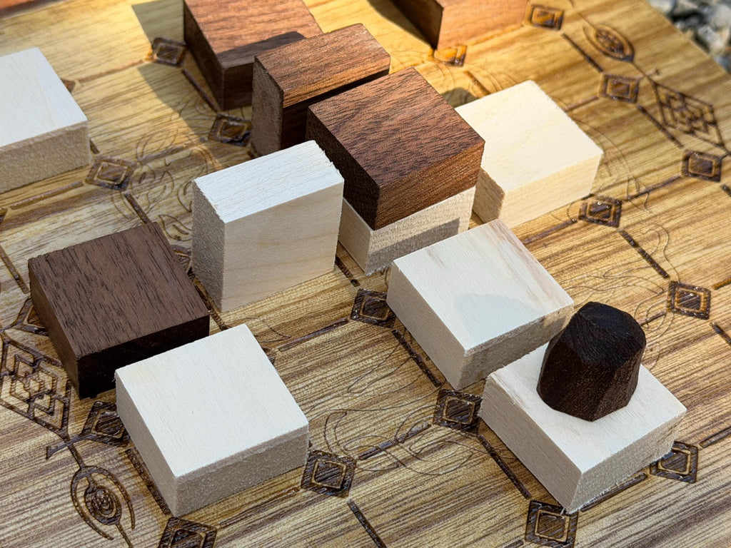 Handcrafted Tak Board Game: Pine Slate with Exotic Wood or Stone Marble Pieces