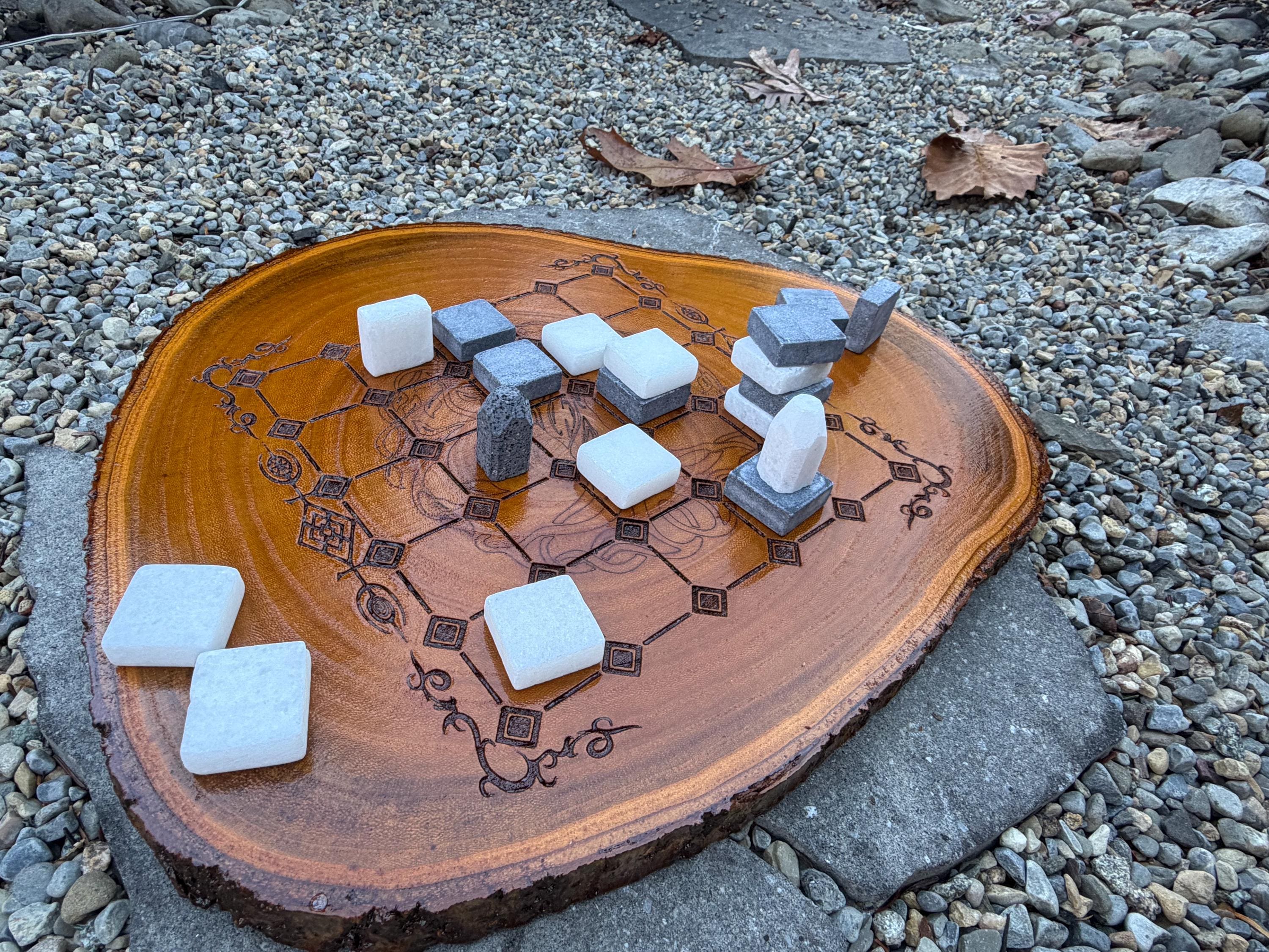 Handcrafted Tak Board Game: Pine Slate with Exotic Wood or Stone Marble Pieces