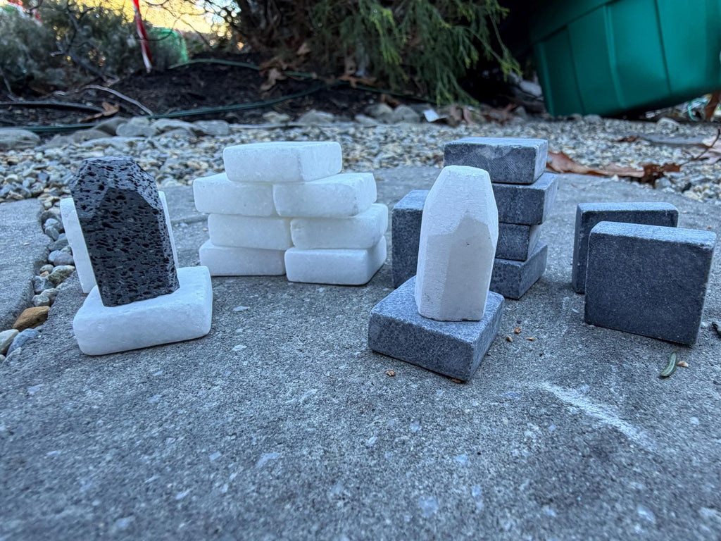 Handmade Marble Tak Pieces - Solid Black & White Stone Game Set - Flat Stones Capstones