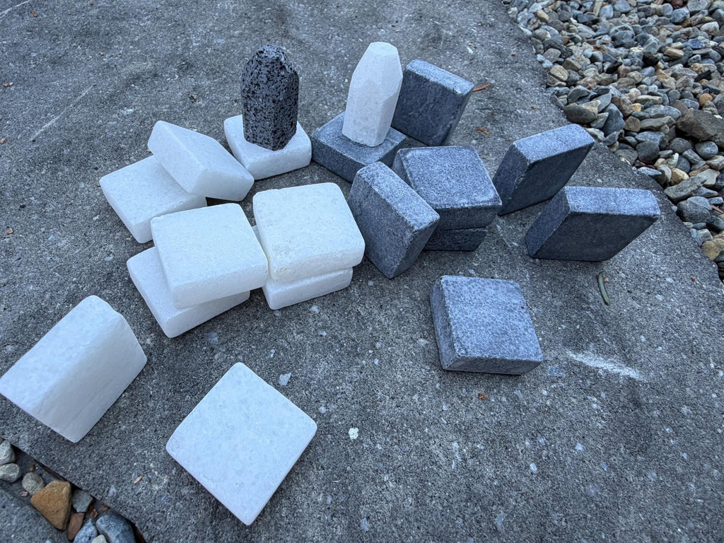 Handmade Marble Tak Pieces - Solid Black & White Stone Game Set - Flat Stones Capstones