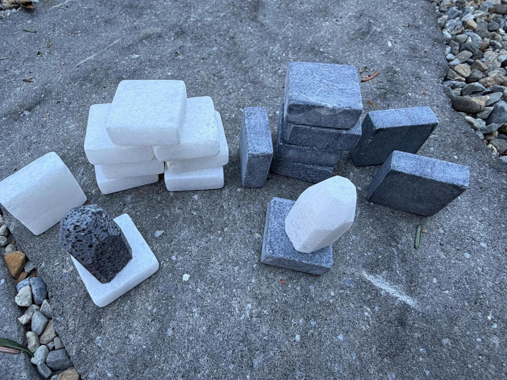 Handmade Marble Tak Pieces - Solid Black & White Stone Game Set - Flat Stones Capstones