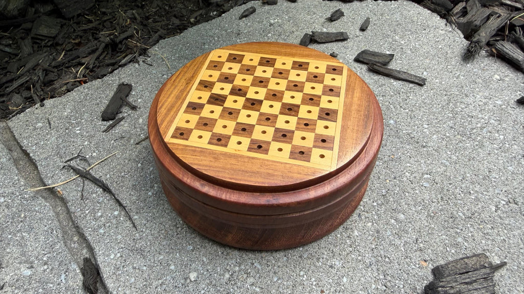Handcrafted Travel Wooden Chess Set - 2-in-1 Peg Chess Board with Built-In Storage Base - Portable Mini Round Chess Game