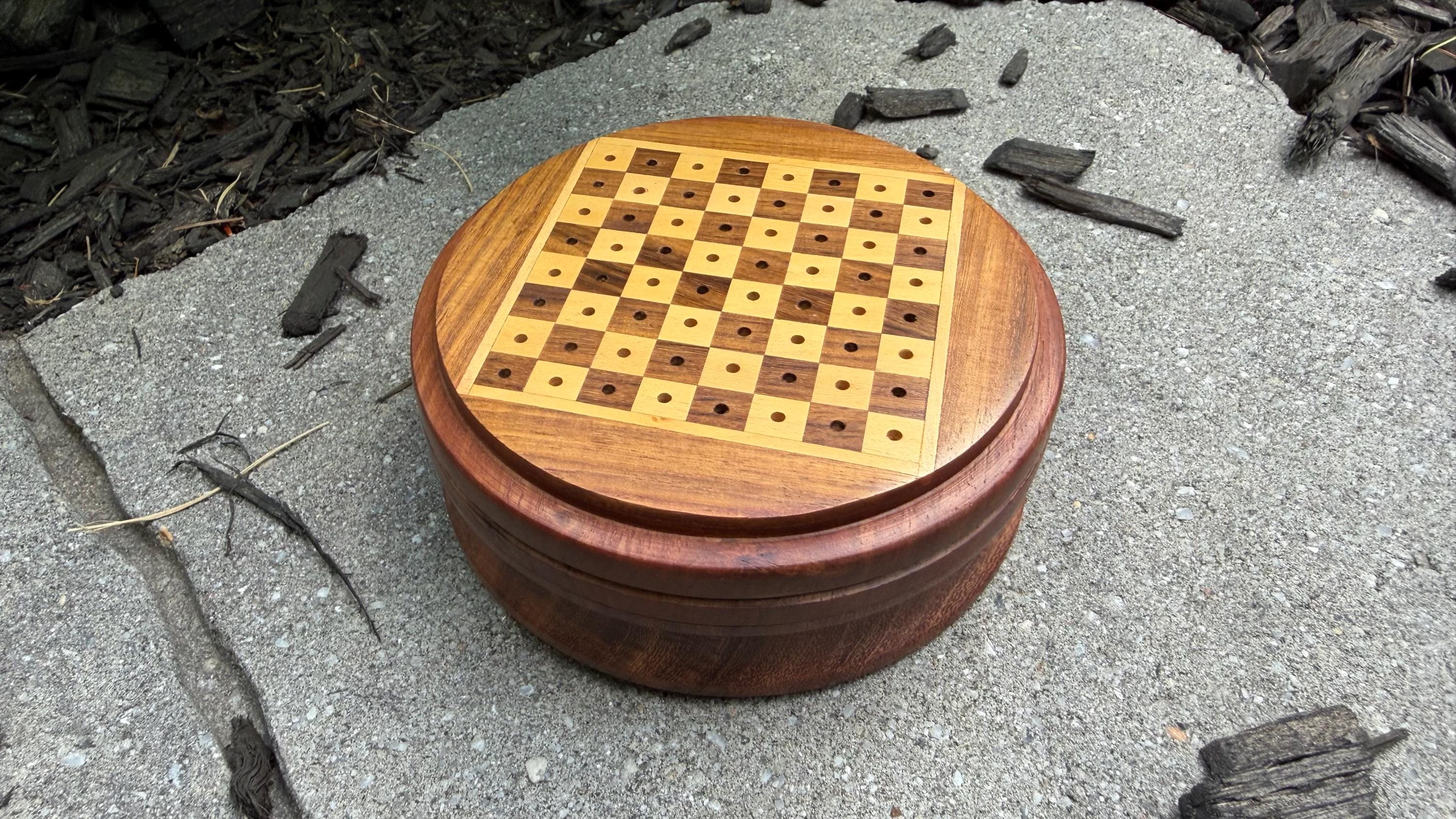 Handcrafted Travel Wooden Chess Set - 2-in-1 Peg Chess Board with Built-In Storage Base - Portable Mini Round Chess Game