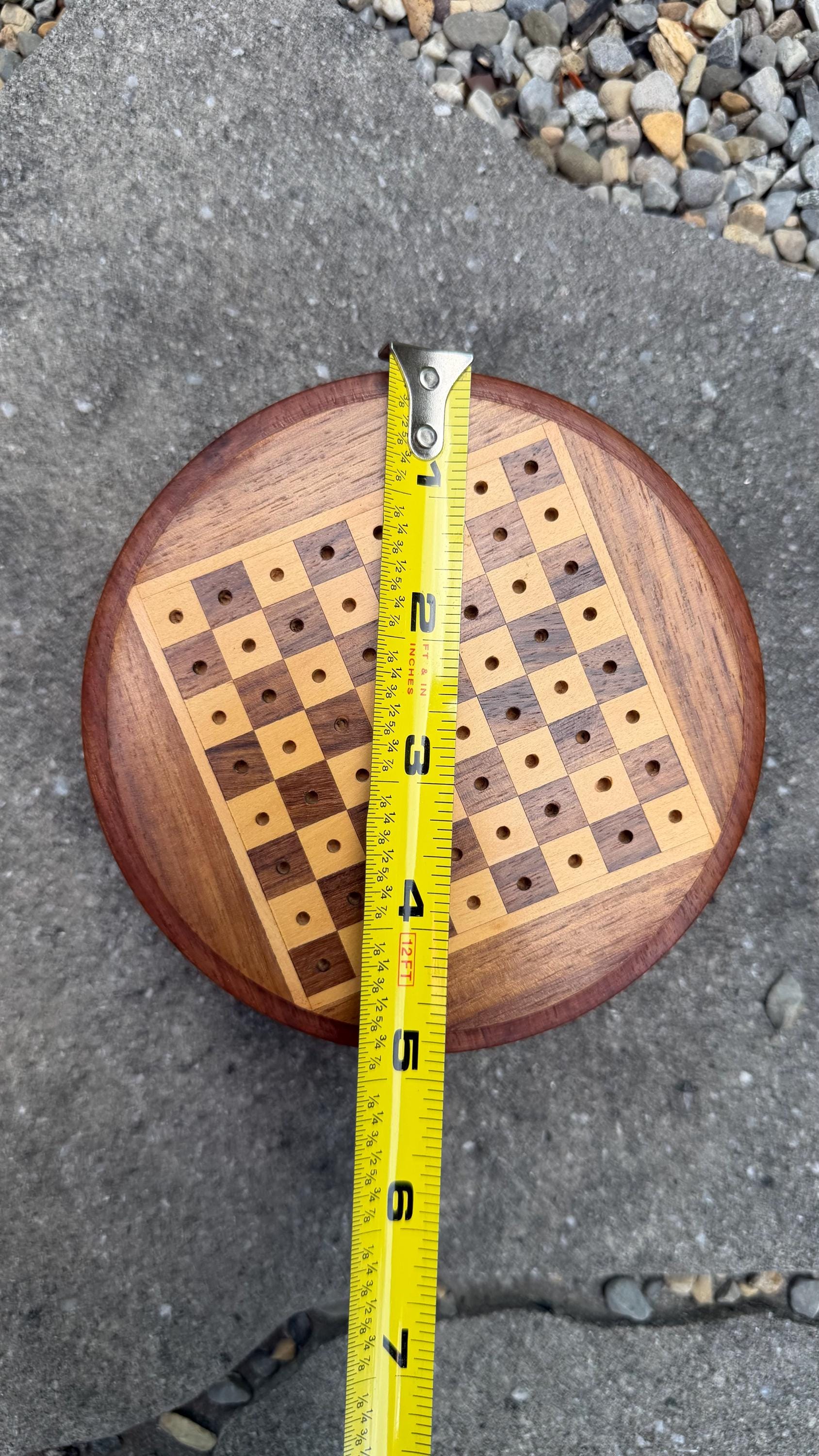 Handcrafted Travel Wooden Chess Set - 2-in-1 Peg Chess Board with Built-In Storage Base - Portable Mini Round Chess Game