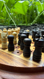Handcrafted Travel Wooden Chess Set - 2-in-1 Peg Chess Board with Built-In Storage Base - Portable Mini Round Chess Game