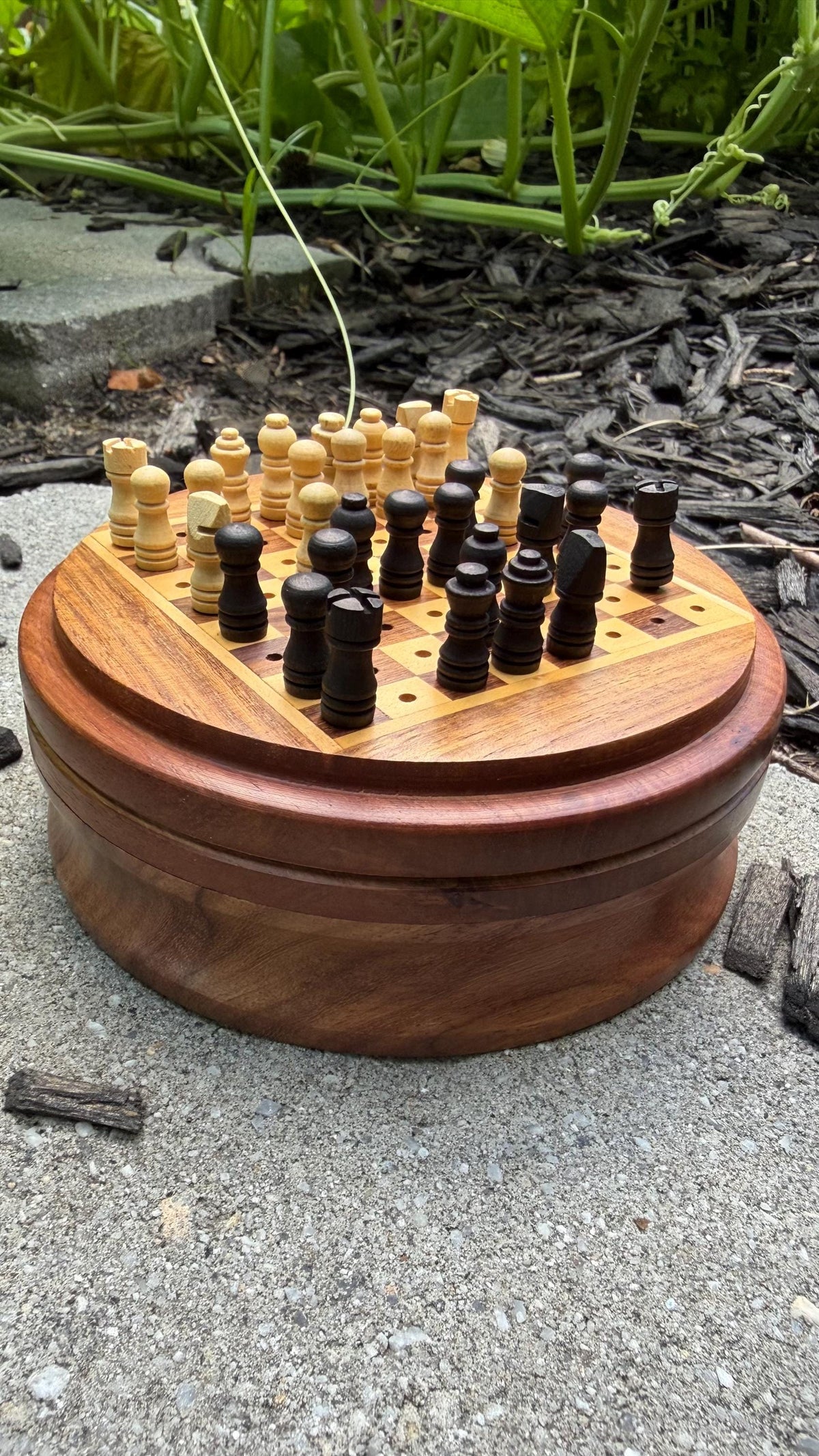 Handcrafted Wooden Travel Chess Set – Peg Stability, Built-in Storage Base
