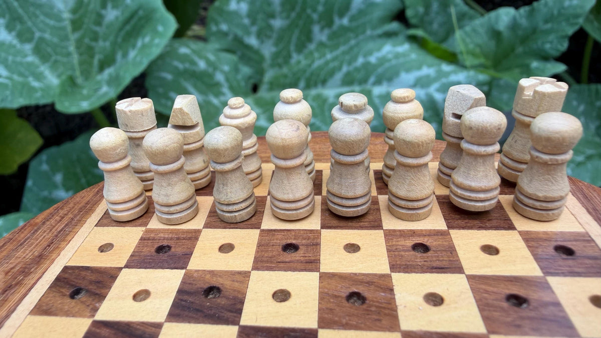 Handcrafted Wooden Travel Chess Set – Peg Stability, Built-in Storage Base