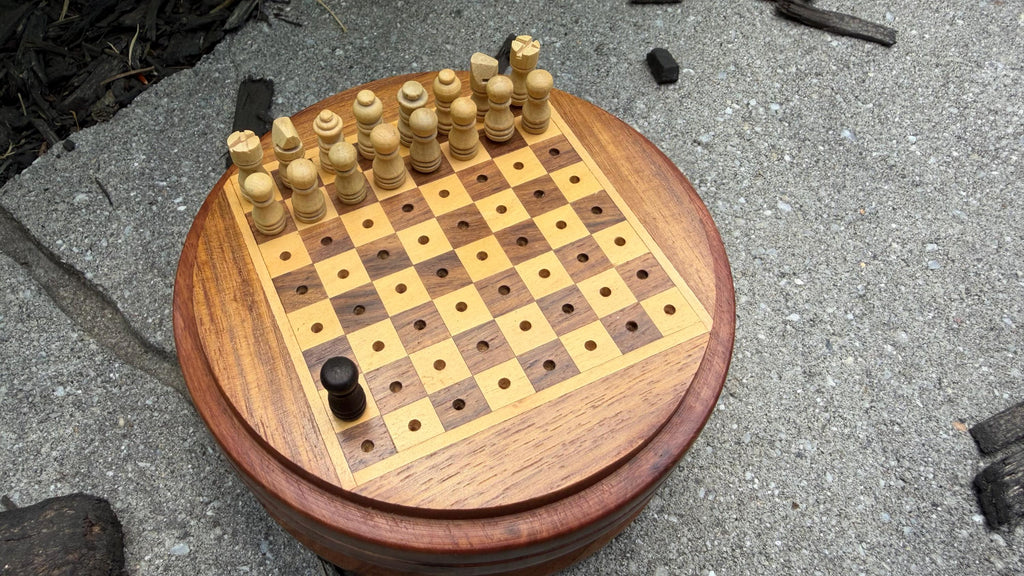 Handcrafted Travel Wooden Chess Set - 2-in-1 Peg Chess Board with Built-In Storage Base - Portable Mini Round Chess Game