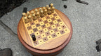 Handcrafted Travel Wooden Chess Set - 2-in-1 Peg Chess Board with Built-In Storage Base - Portable Mini Round Chess Game