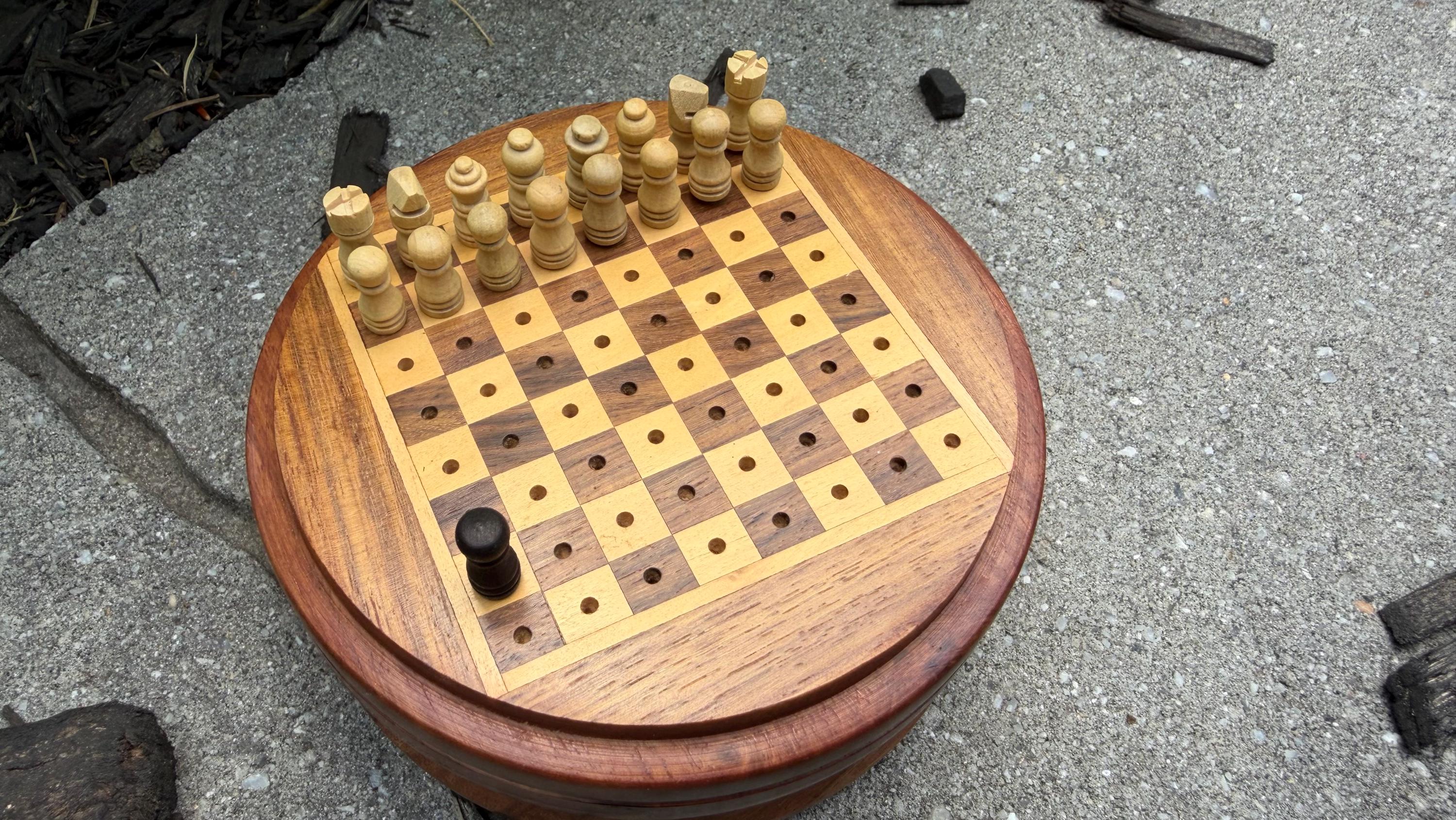 Handcrafted Travel Wooden Chess Set - 2-in-1 Peg Chess Board with Built-In Storage Base - Portable Mini Round Chess Game
