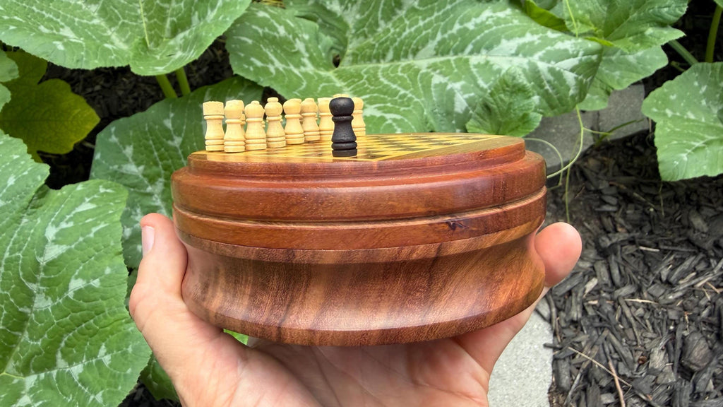 Handcrafted Travel Wooden Chess Set - 2-in-1 Peg Chess Board with Built-In Storage Base - Portable Mini Round Chess Game