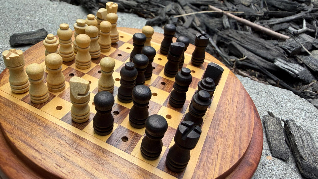 Handcrafted Travel Wooden Chess Set - 2-in-1 Peg Chess Board with Built-In Storage Base - Portable Mini Round Chess Game