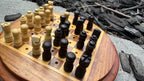 Handcrafted Travel Wooden Chess Set - 2-in-1 Peg Chess Board with Built-In Storage Base - Portable Mini Round Chess Game