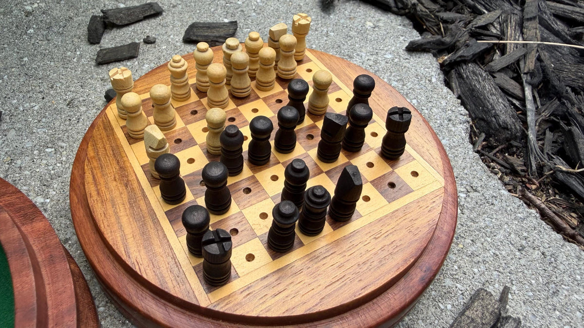 Handcrafted Wooden Travel Chess Set – Peg Stability, Built-in Storage Base