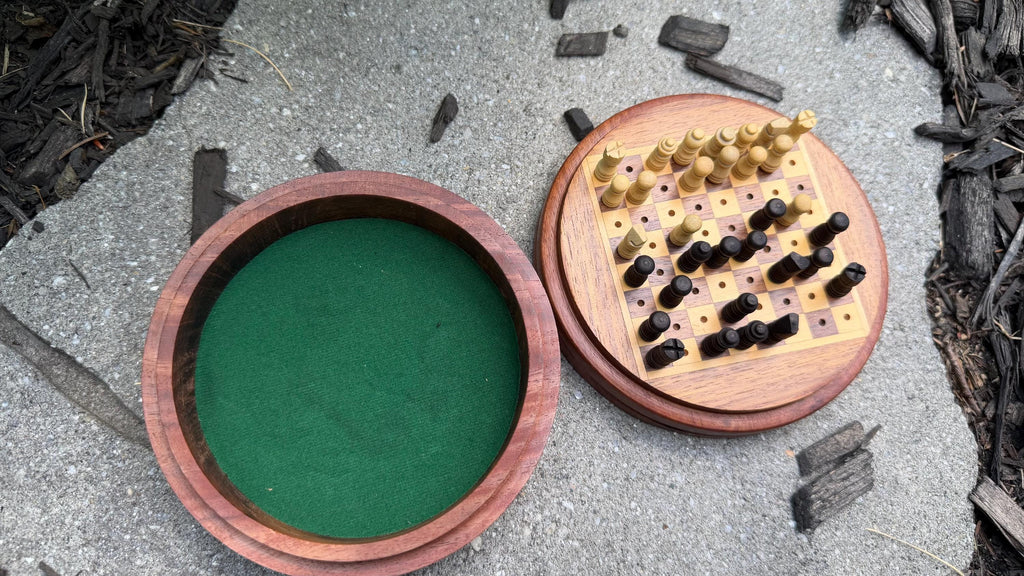 Handcrafted Wooden Travel Chess Set – Peg Stability, Built-in Storage Base