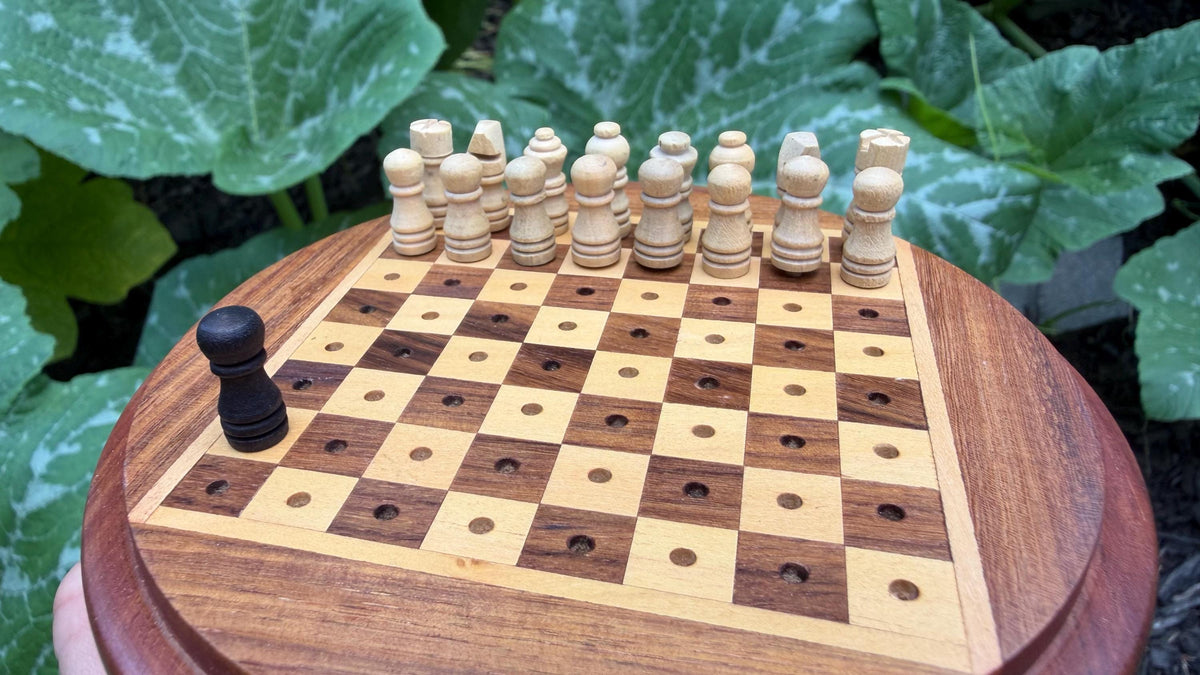 Handcrafted Wooden Travel Chess Set – Peg Stability, Built-in Storage Base