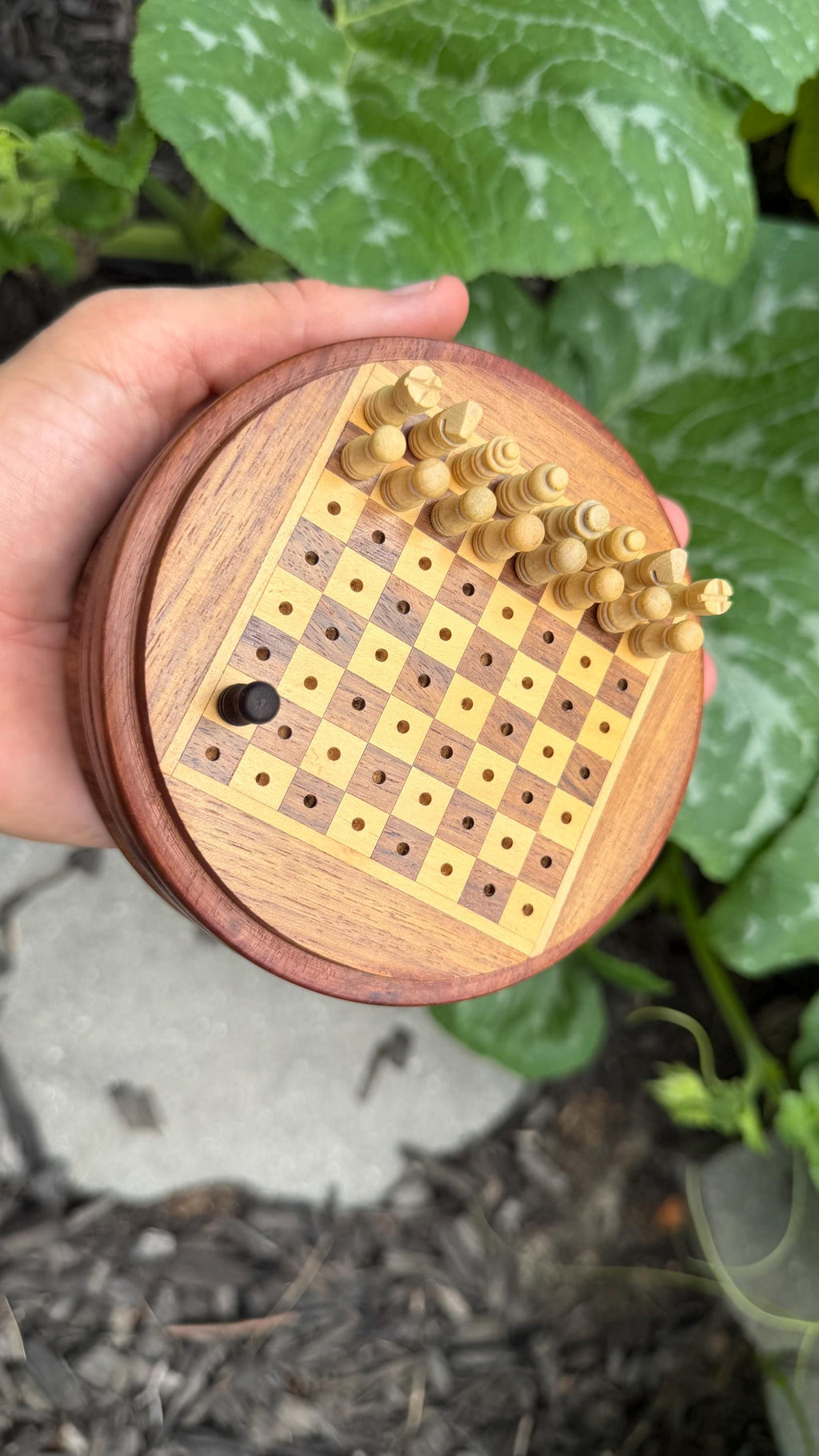 Handcrafted Travel Wooden Chess Set - 2-in-1 Peg Chess Board with Built-In Storage Base - Portable Mini Round Chess Game