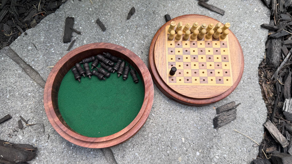 Handcrafted Travel Wooden Chess Set - 2-in-1 Peg Chess Board with Built-In Storage Base - Portable Mini Round Chess Game