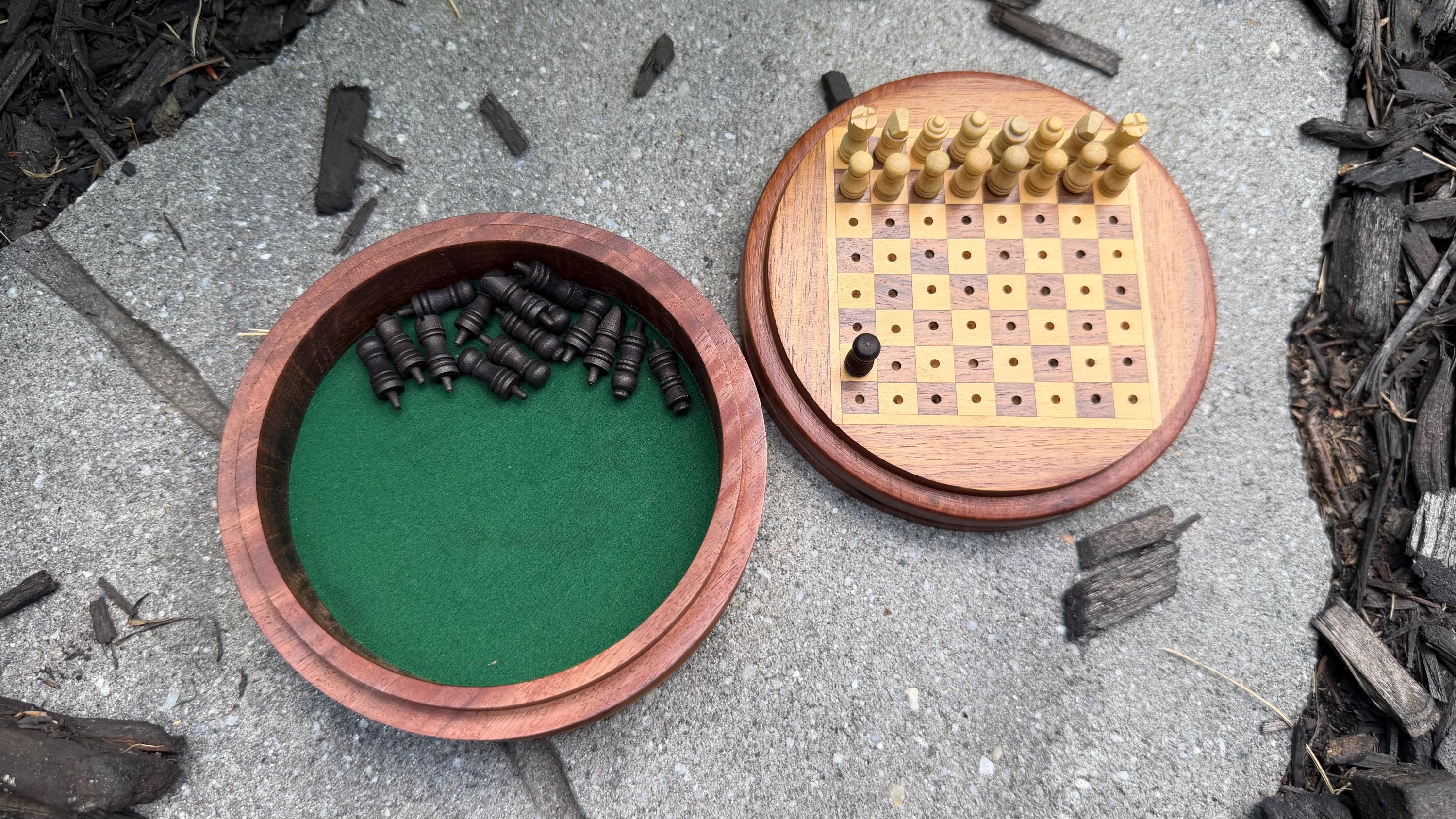 Handcrafted Travel Wooden Chess Set - 2-in-1 Peg Chess Board with Built-In Storage Base - Portable Mini Round Chess Game