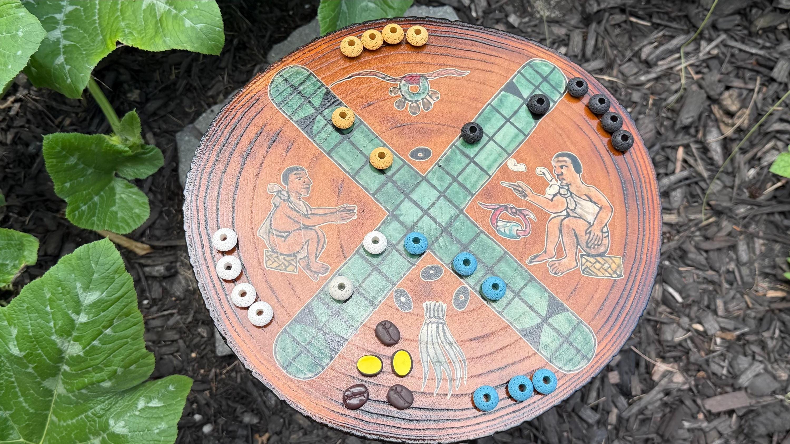Patolli Ancient Aztec Board Game | Handcrafted Live-Edge Wood Slice