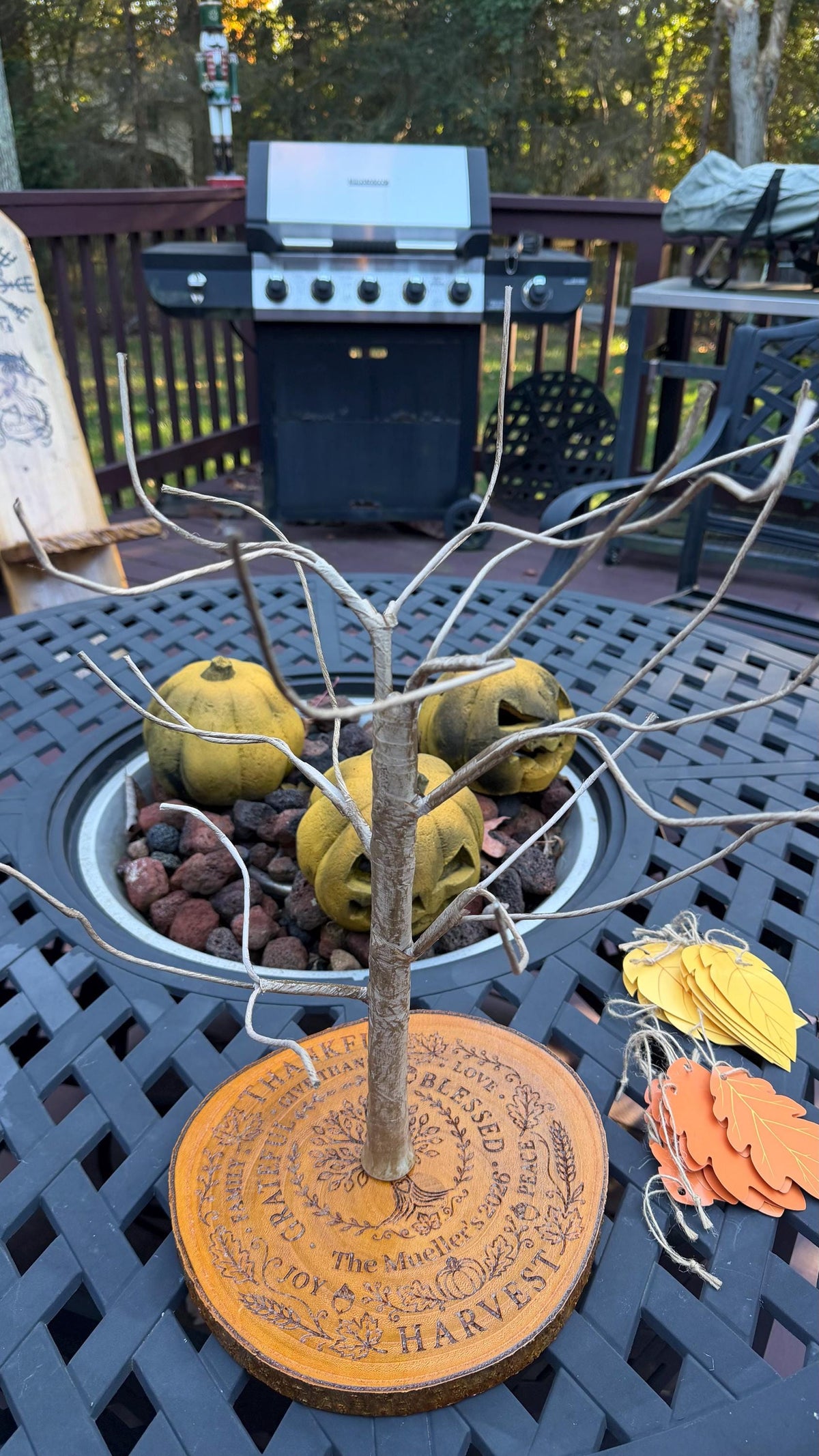 Thanksgiving Gratitude Tree: Personalized Engraved Family Name Base, Fall Leaves Included