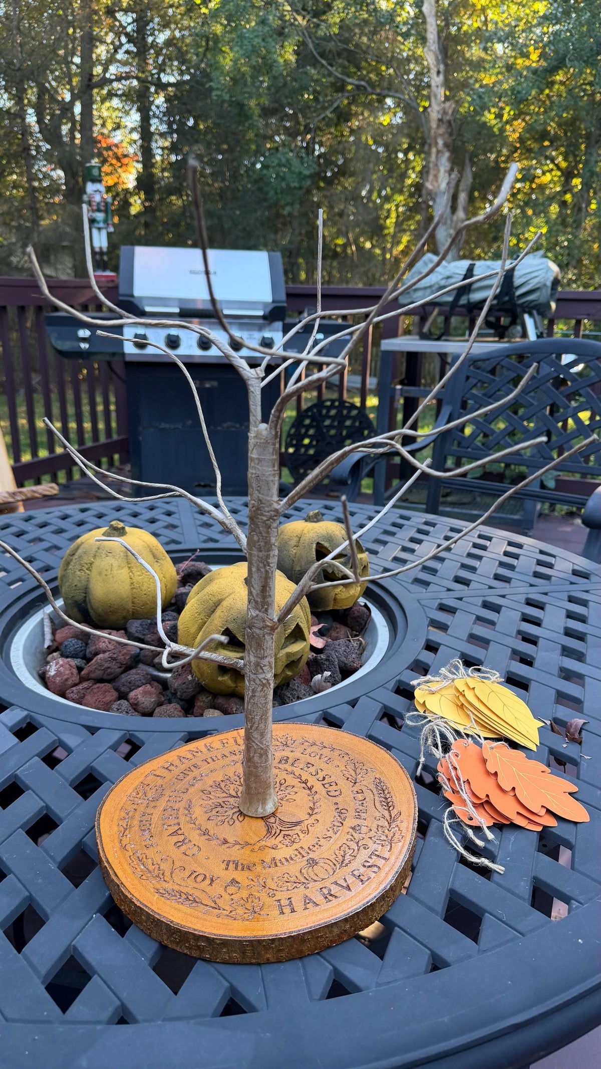 Thanksgiving Gratitude Tree: Personalized Engraved Family Name Base, Fall Leaves Included